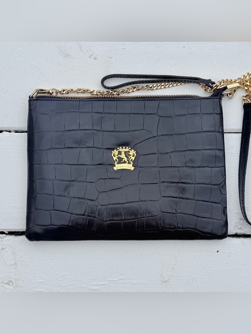 Pratesi Firenze Black Croc Embossed Patent Leather Crossbody Clutch Made inItaly